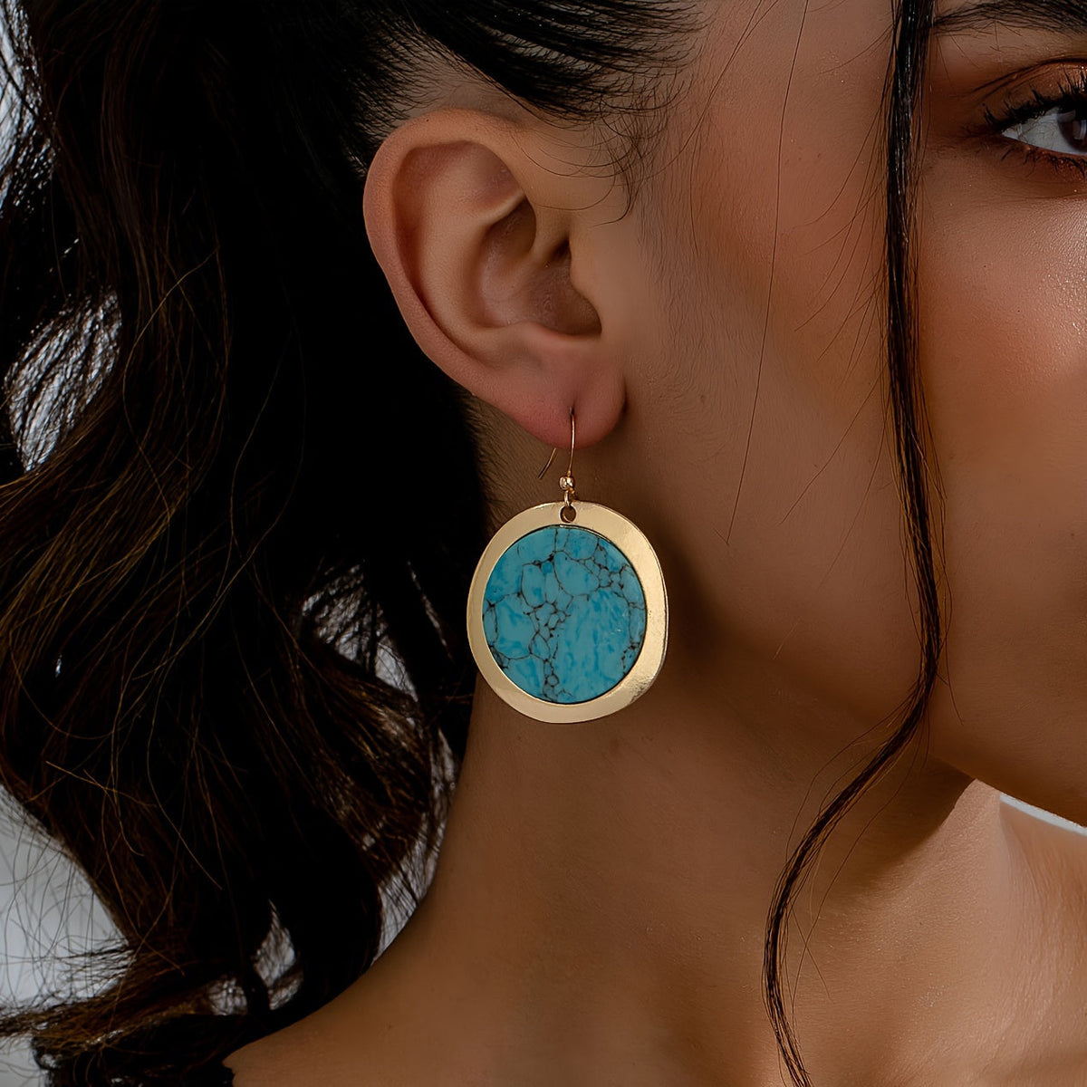 Vintage Bohemian Round Blue-Green Stone Earrings with Earthy Tone