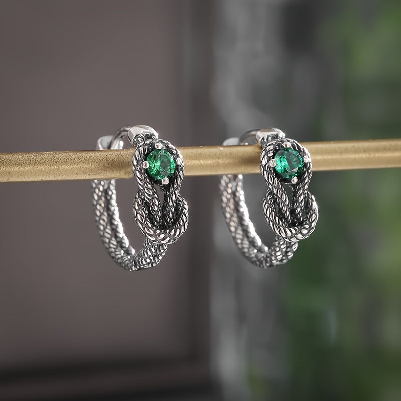 Vintage Green Cubic Zirconia Earrings in Silver Colour