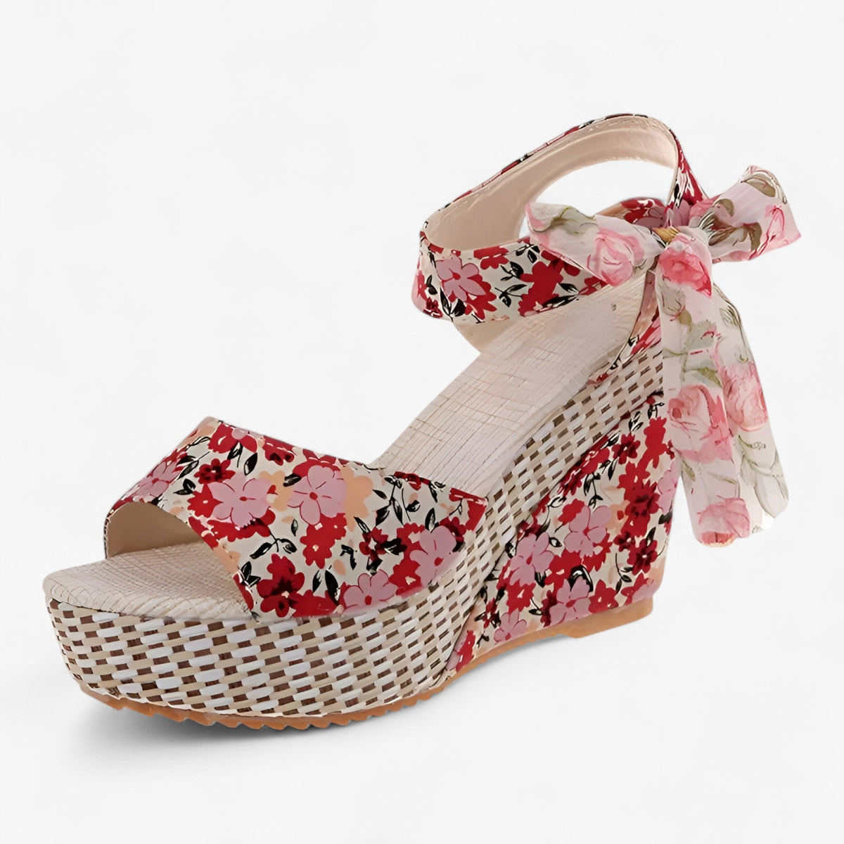 Floral Wedge Sandals with Crossed Ankle Straps