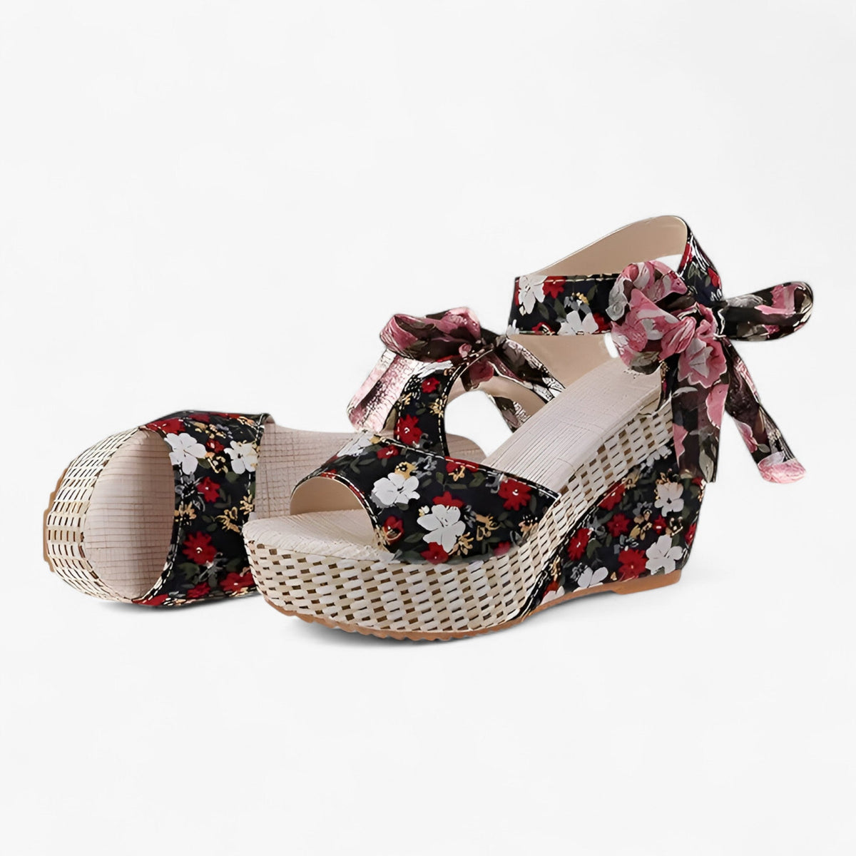Floral Wedge Sandals with Crossed Ankle Straps