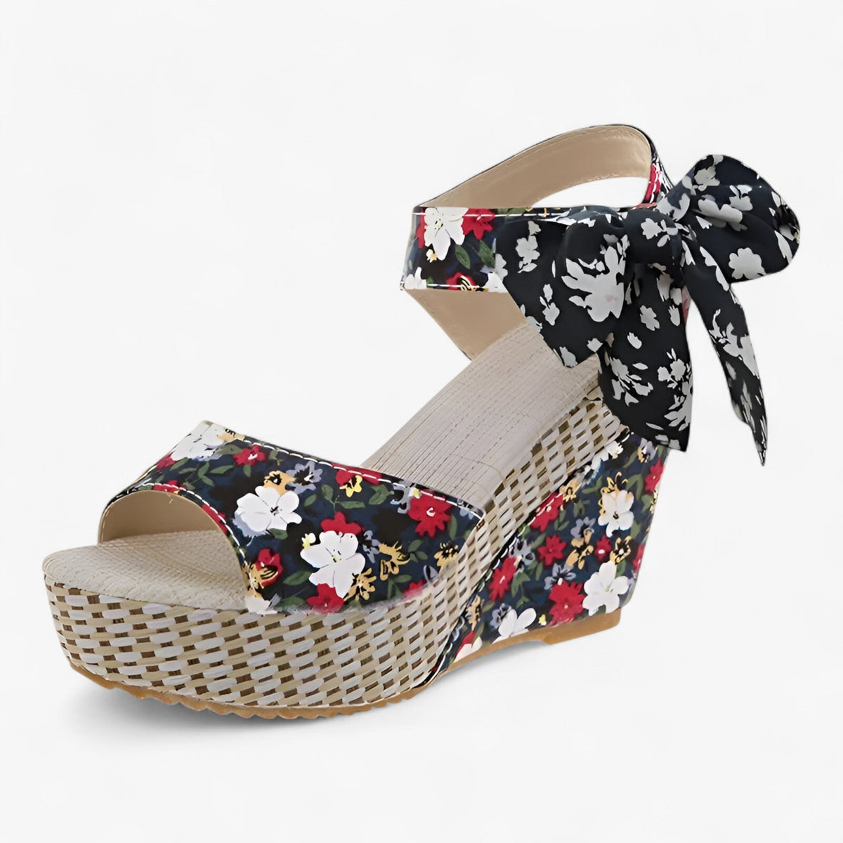 Floral Wedge Sandals with Crossed Ankle Straps