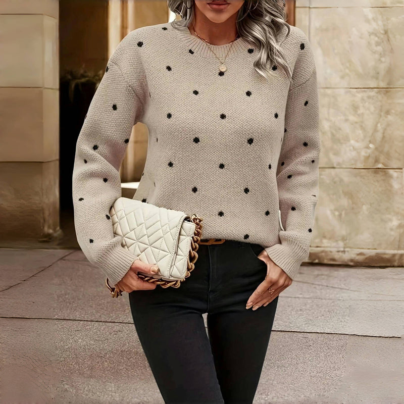 Polka Dot Knit Jumper with Crew Neck and Ribbed Trim