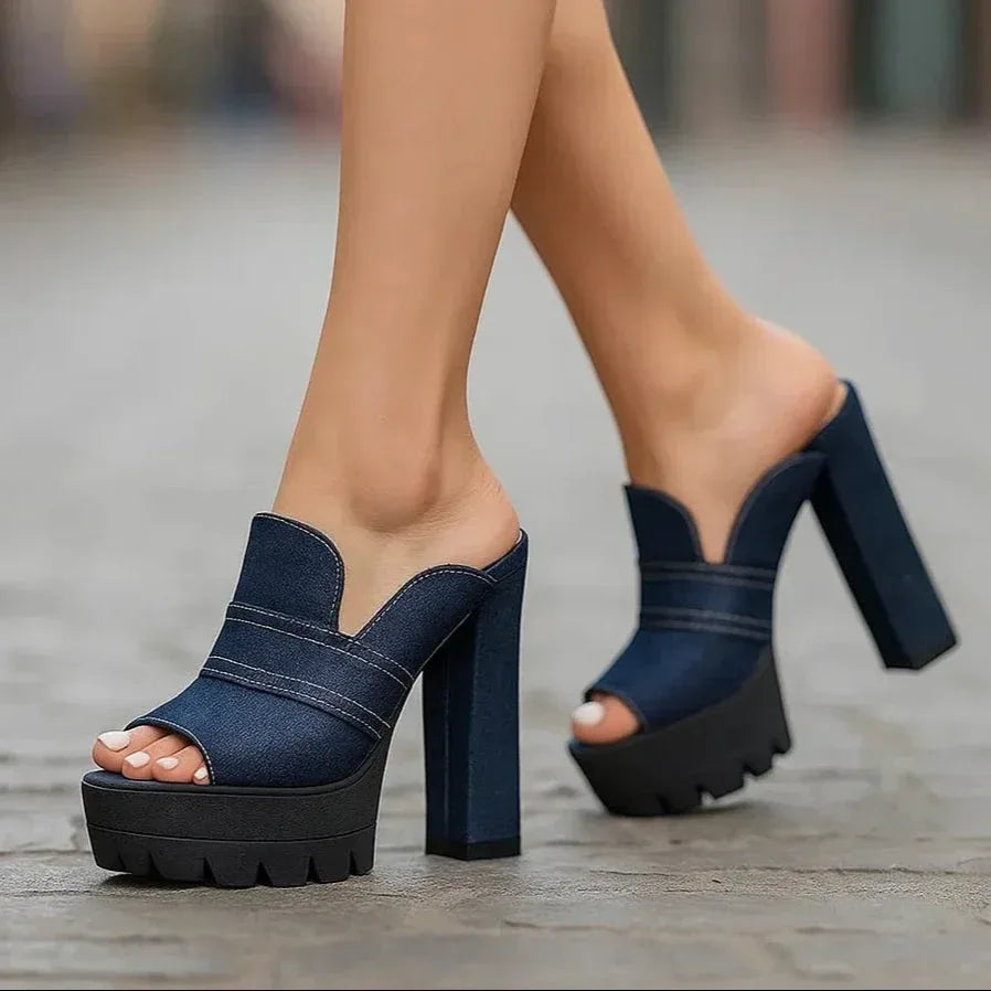 Tacones de vaquero lavado con tacón ancho robusto