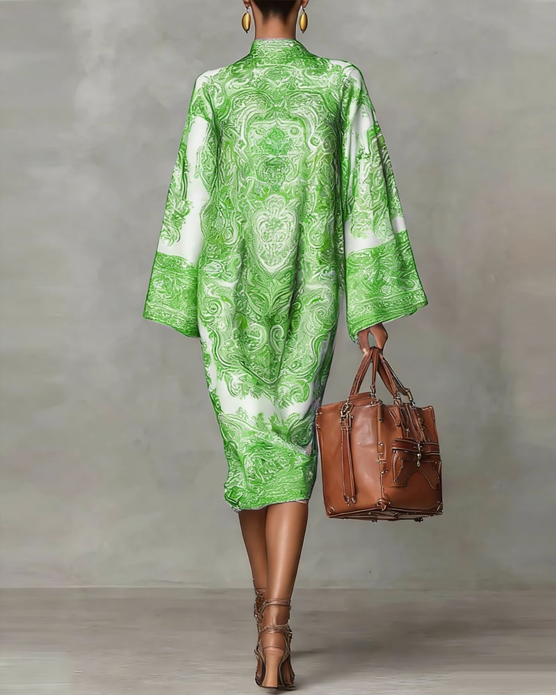 High Neck Printed Dress with Ruched Detail