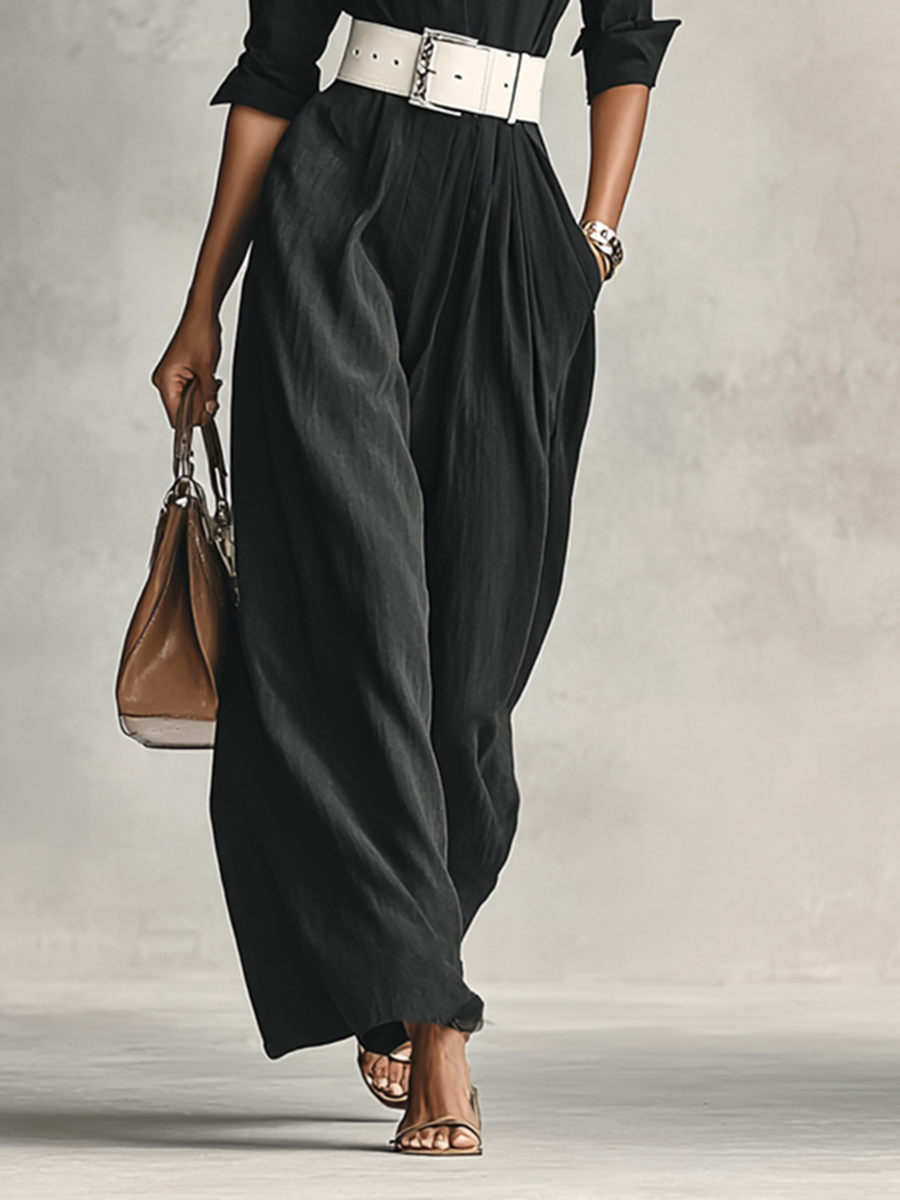 Belted Jumpsuit with Lapel Collar and Long Sleeves