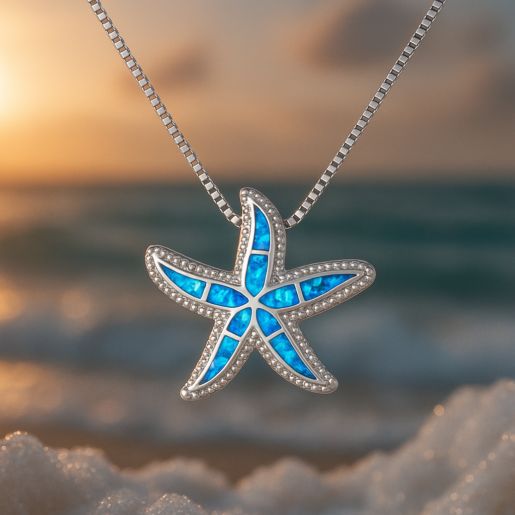 Collar con colgante de estrella de mar y piedra azul iridiscente en color plata
