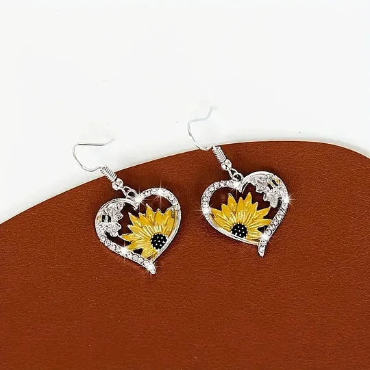 Sunflower, Bee and Heart Dangle Earrings with Vintage Look