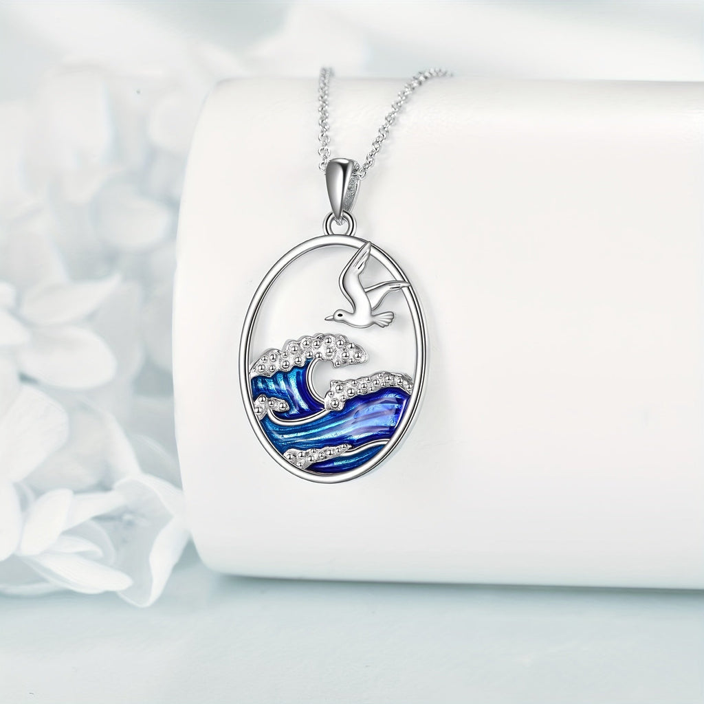 Ocean Wave and Seagull Pendant Necklace in Silver Colour