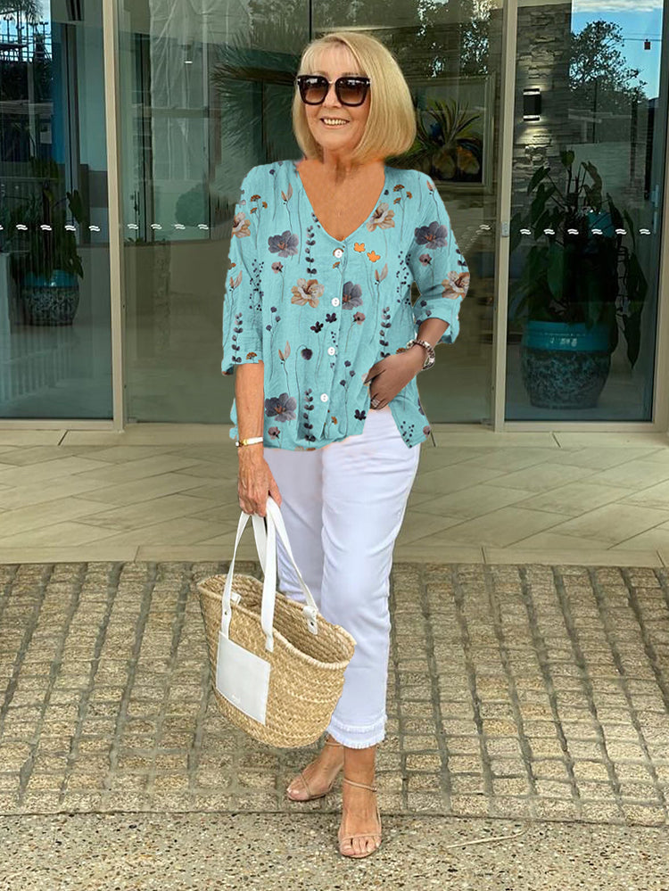 Printed Button Tunic with V Neck and Relaxed Cut