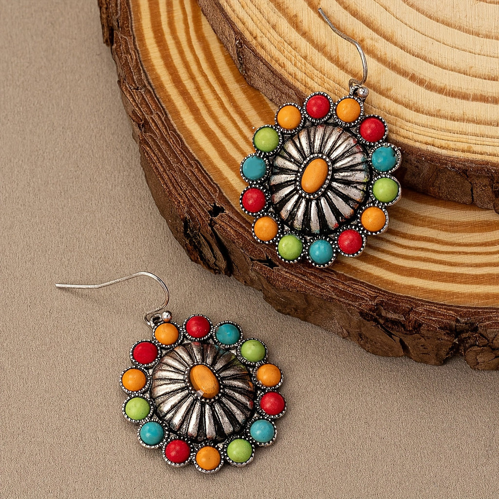 Vintage Sunburst Multi-Stone Statement Earrings with Bold Colour