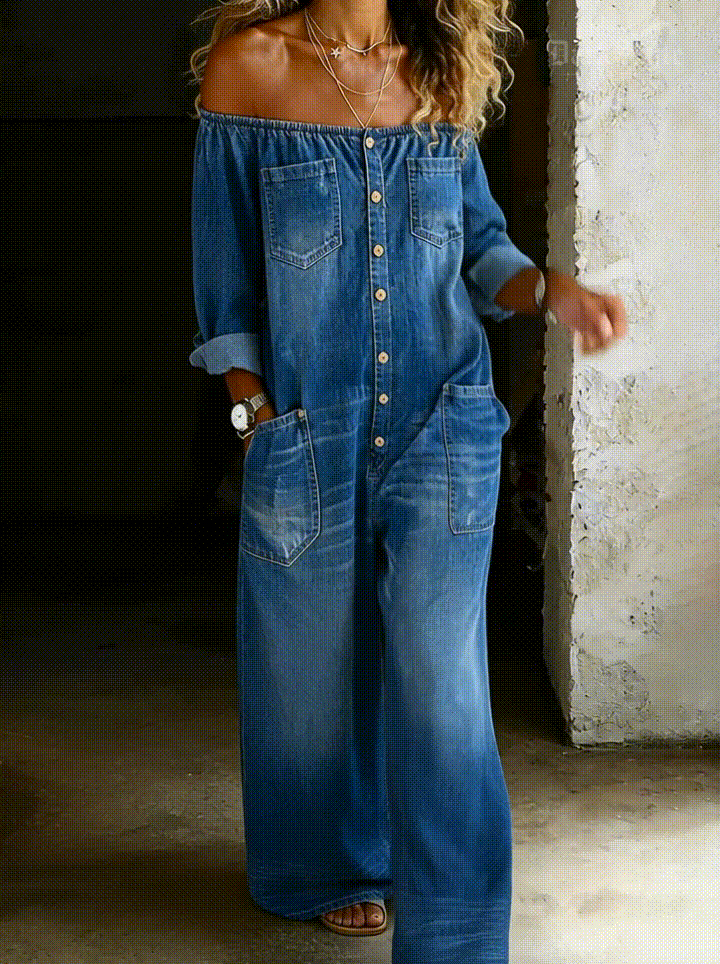 Off-Shoulder Long-Sleeve Denim Jumpsuit for Effortless Style