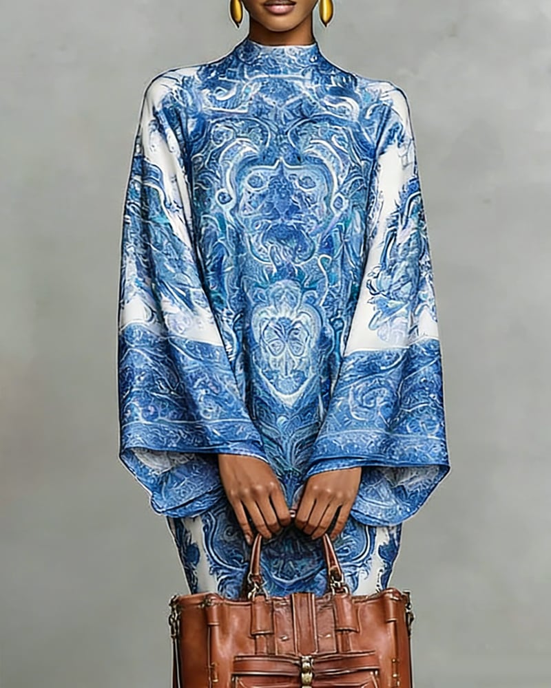 High Neck Printed Dress with Ruched Detail