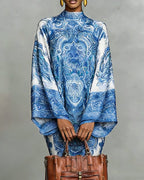 High Neck Printed Dress with Ruched Detail