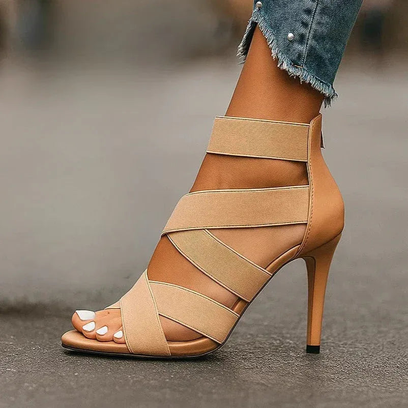 Open Toe Heels with Stretch Crossover Straps