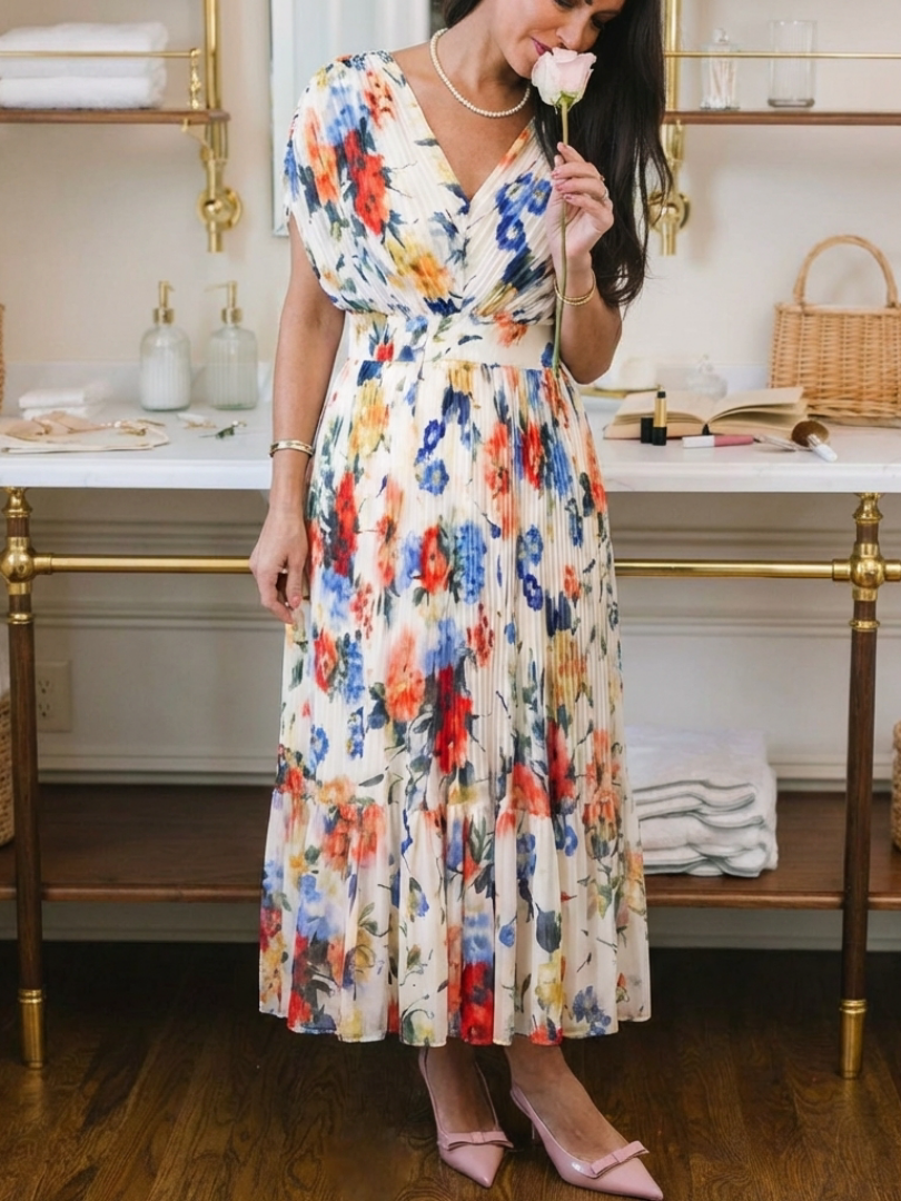 Vestido midi floral plisado con escote de pico