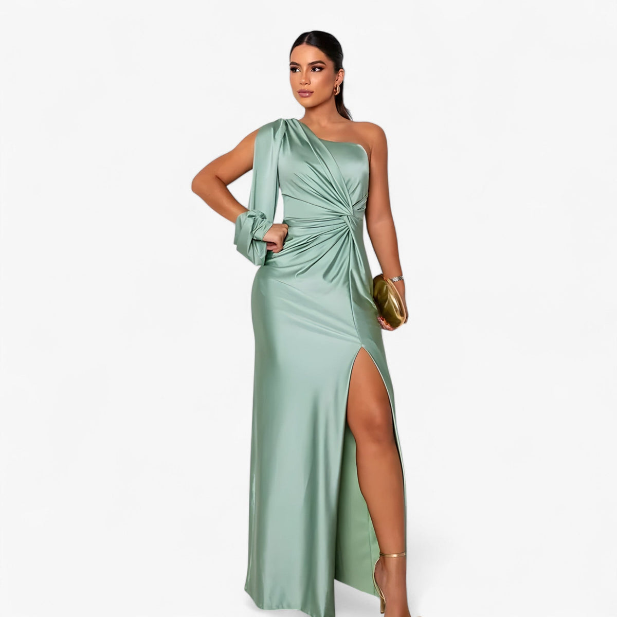 Asymmetric One-Shoulder Satin Dress with Front Knot