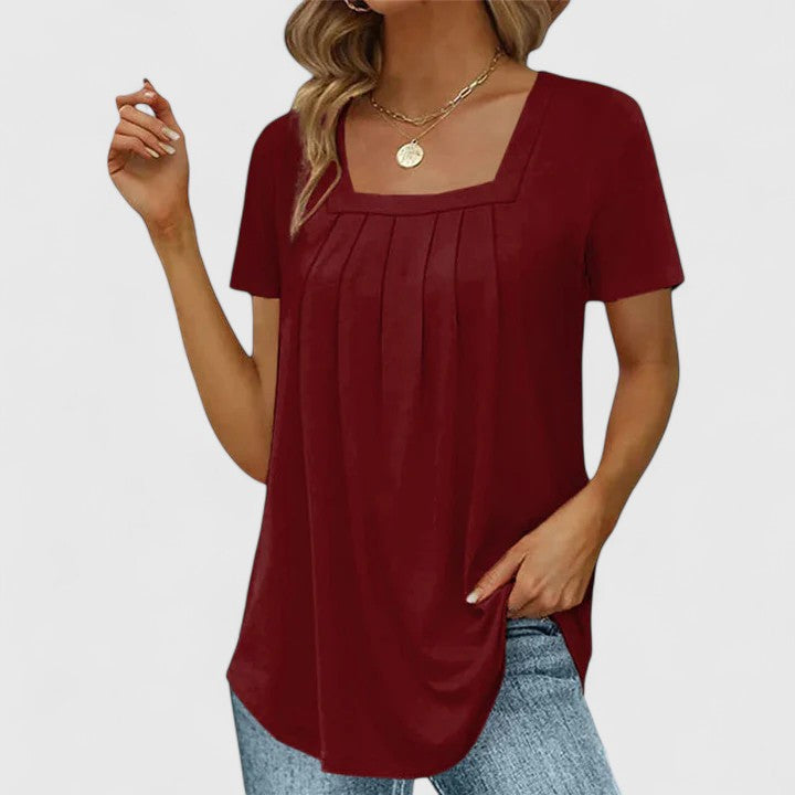 Square Neck Blouse with Delicate Pleats