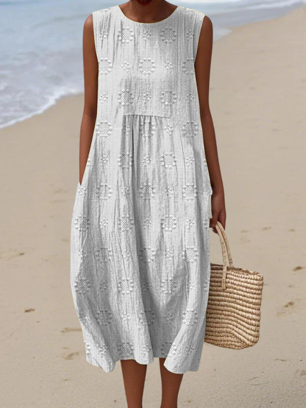 Midi Dress with Wildflower Embroidery and Relaxed Fit