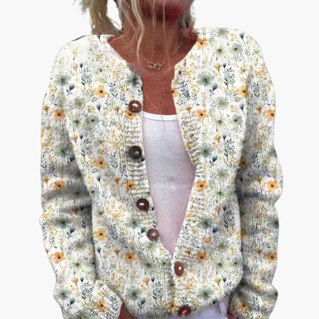 Floral Knit Cardigan with Button Up Front and Ribbed Hem