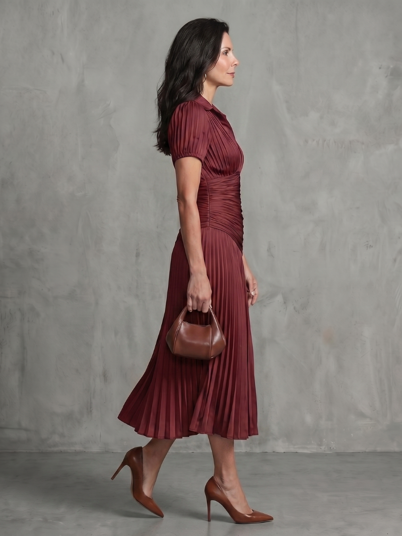 Striped Pleated Midi Dress with Fitted Bodice