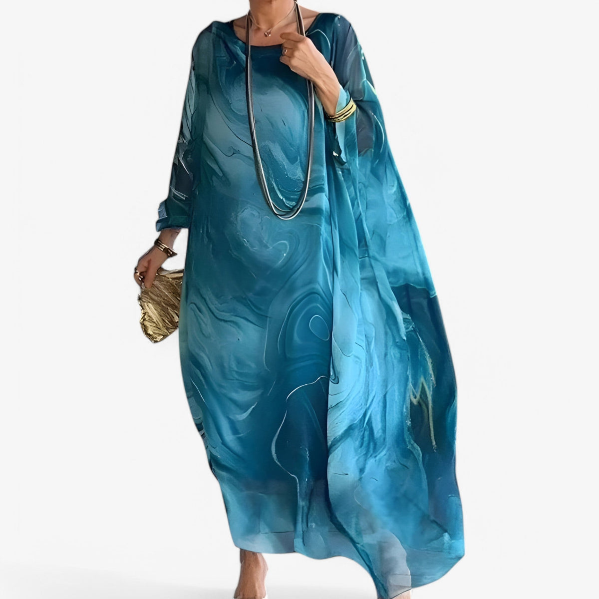 Vestido largo de gasa con estampado de mármol y mangas con volantes