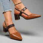 Block Heel Slingback Shoes with Gold Ring Detail
