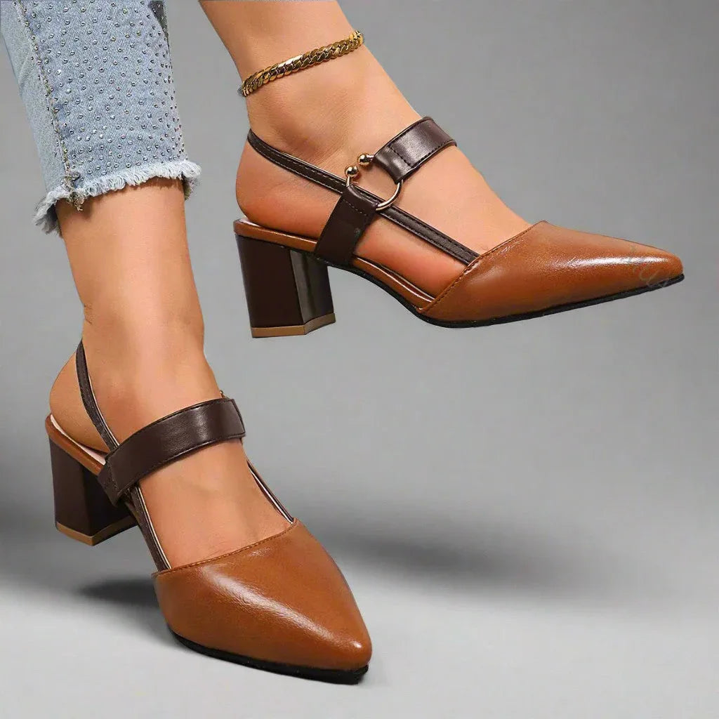 Block Heel Slingback Shoes with Gold Ring Detail