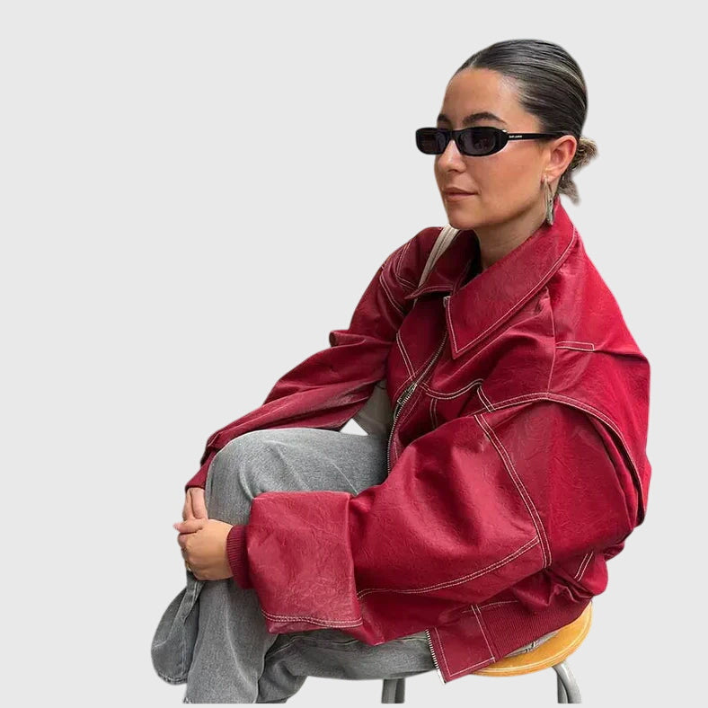 Oversized Leather Look Jacket in Bold Red