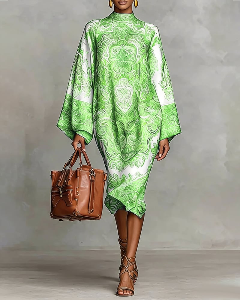High Neck Printed Dress with Ruched Detail