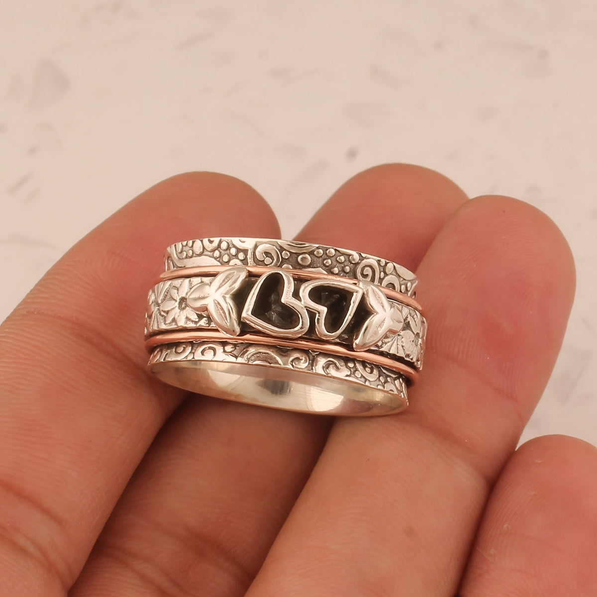 Butterfly and Heart Spinner Ring in Silver Colour with Moving Band