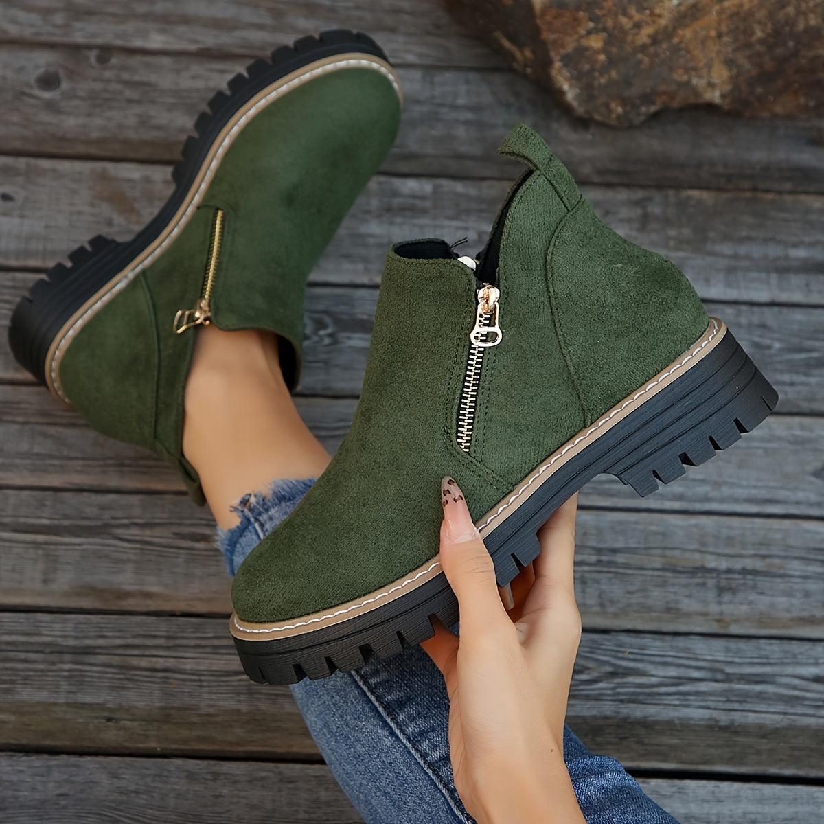 Ankle Boots with Side Zip and Sturdy Outsole