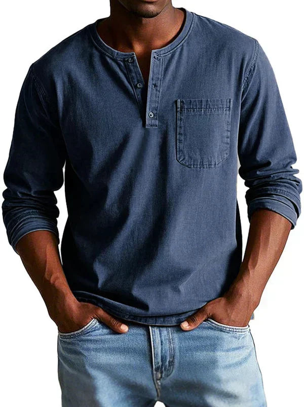 Men's Long-Sleeve Henley Shirt with Button Neckline