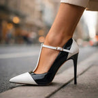 Patent Finish T-Strap Heels with Two Tone Design