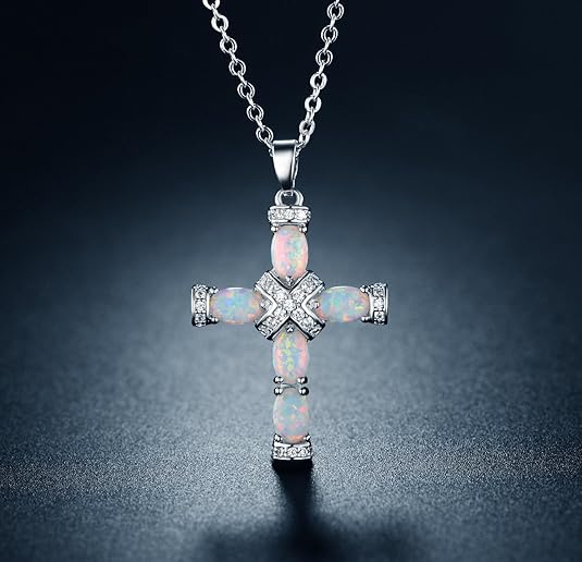 Cross Pendant Necklace with Iridescent Stone in Gold Colour