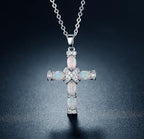 Cross Pendant Necklace with Iridescent Stone in Gold Colour