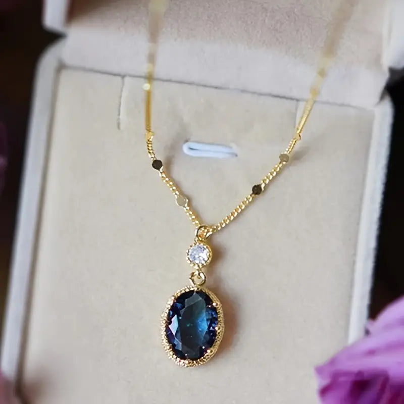 Blue Oval Stone Pendant Necklace with Crystal Bail