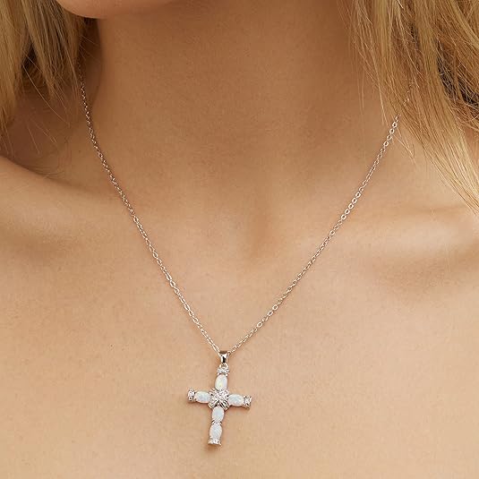 Cross Pendant Necklace with Iridescent Stone in Gold Colour