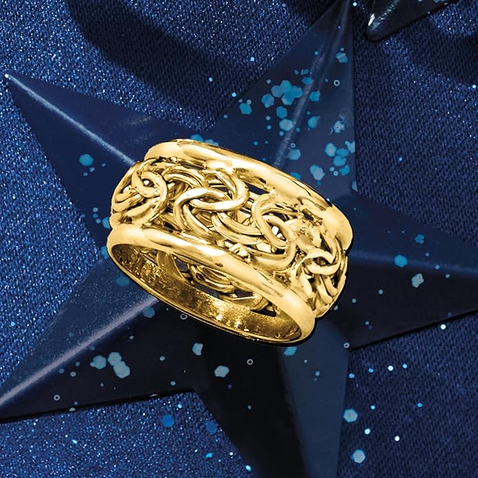 Wide Byzantine Weave Ring with Chain Texture in Gold Colour
