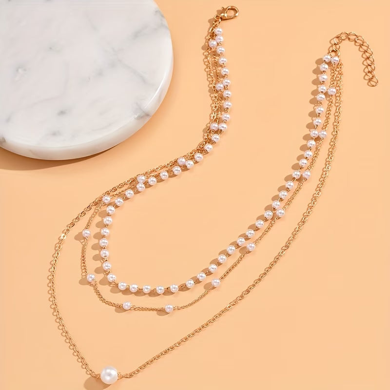 Three-Layer Faux Pearl Necklace Set with Elegant Drape