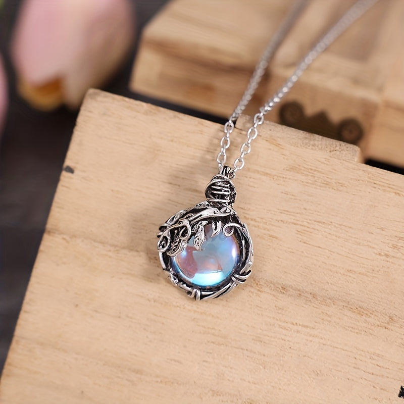 Adjustable Milky Blue Stone Pendant Necklace in Silver Colour