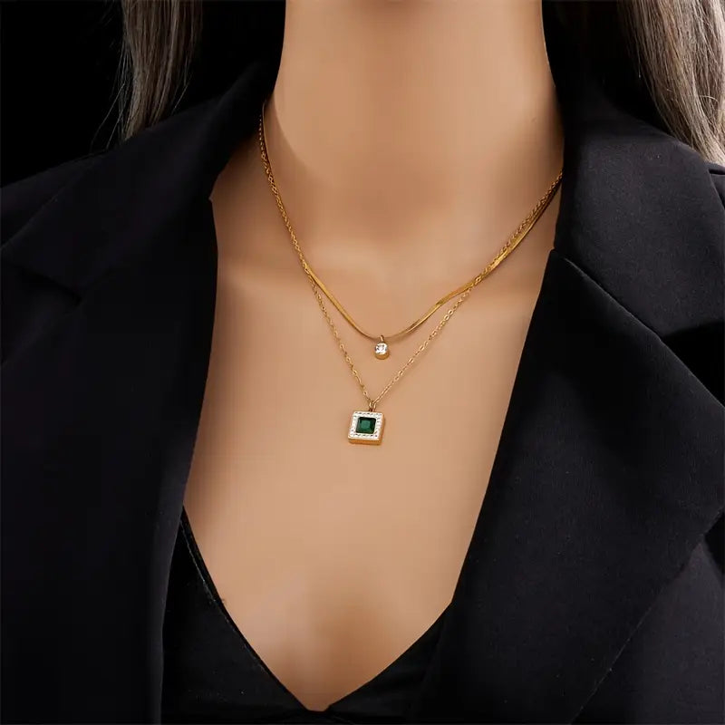 Double-Layer Necklace with Green Square Pendant and Fine Chains