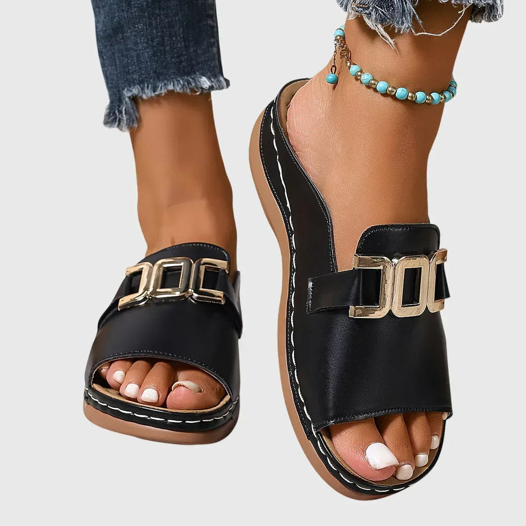 Open Toe Buckle Sandals with Gold Hardware
