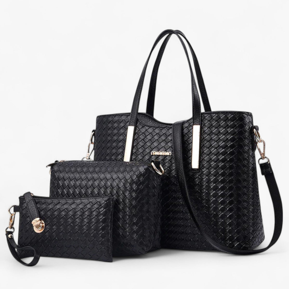 Vegan Leather Handbag with a Woven Texture and Metal Handles