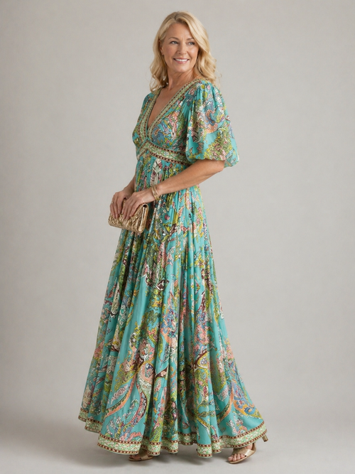Airy Puff-Sleeve Maxi Dress with a Flattering V-Neckline