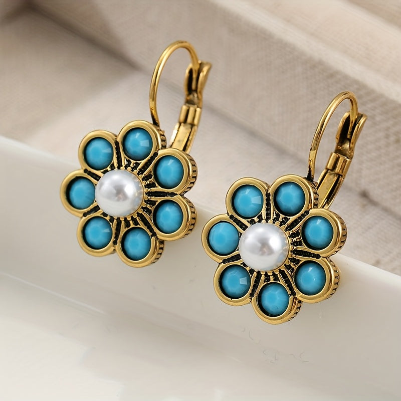 Blue-Green Stone and Faux Pearl Flower Earrings in Gold Colour