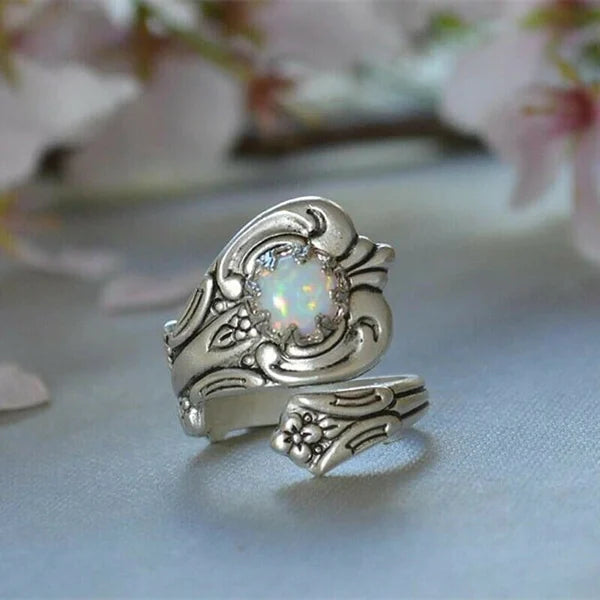 Adjustable Spoon-Style Ring with Iridescent White Stone