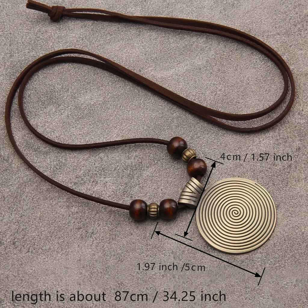 Vintage Zodiac Wooden Bead Pendant Necklace with Natural Texture
