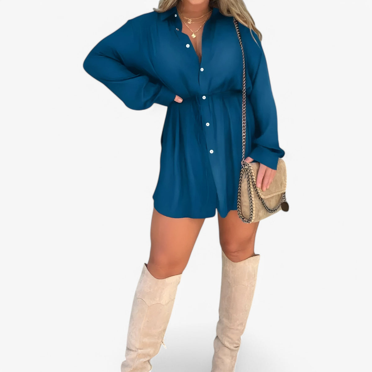 Long-Sleeve Collared Jumpsuit with Button Closure