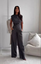 Draped Sleeveless Two Piece Set with Wide Leg Trousers