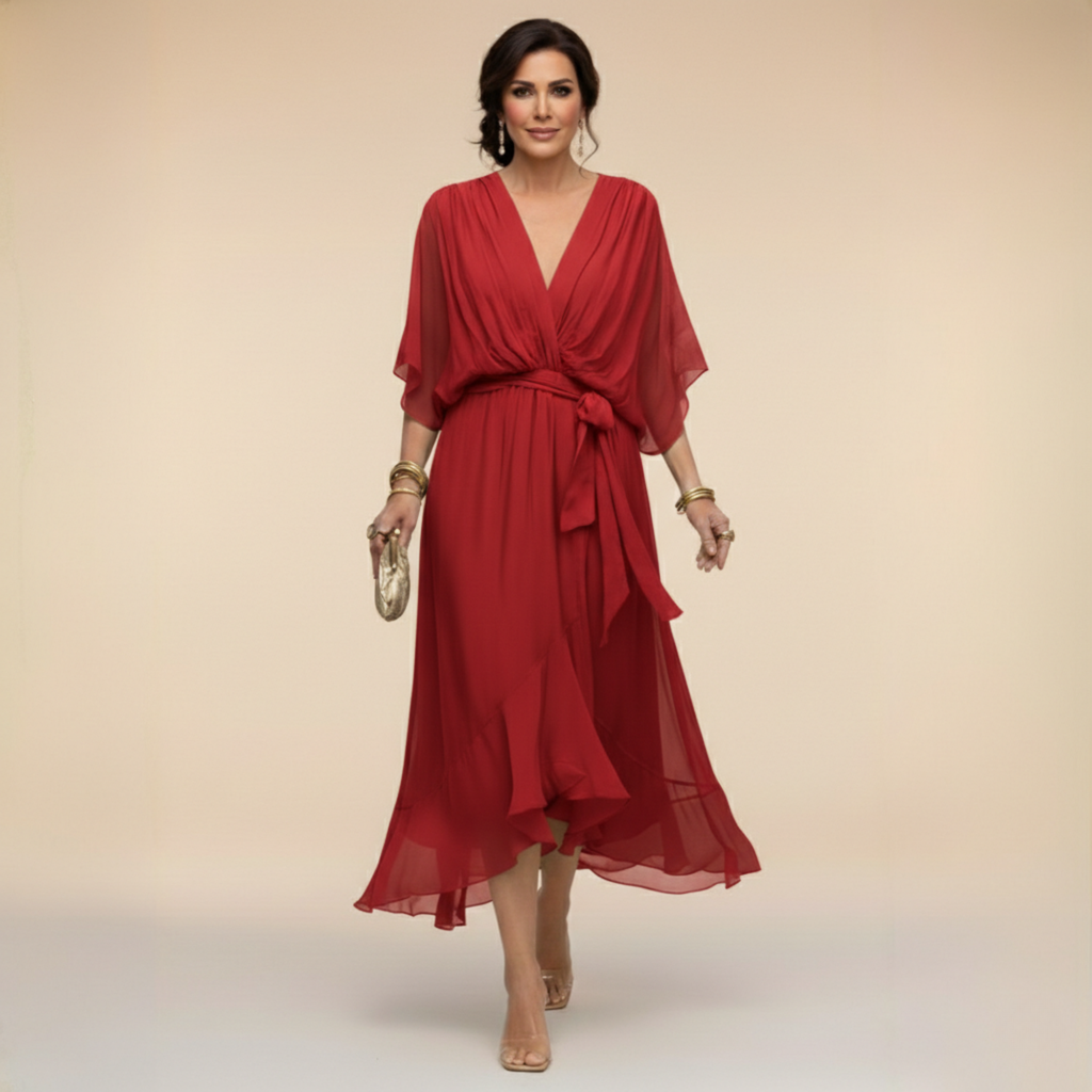 Flowing V-neck dress with soft draping detail